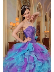 Purple and Aqua Blue Ball Gown Sweetheart Ruffles Organza Quinceanera Dress