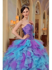 Purple and Aqua Blue Ball Gown Sweetheart Ruffles Organza Quinceanera Dress