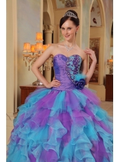 Purple and Aqua Blue Ball Gown Sweetheart Ruffles Organza Quinceanera Dress