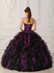 Purple and Black Ball Gown Strapless Floor-length Taffeta and Organza Beading Quinceanera Dress