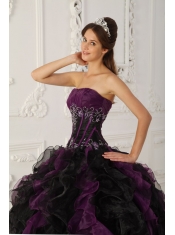 Purple and Black Ball Gown Strapless Floor-length Taffeta and Organza Beading Quinceanera Dress