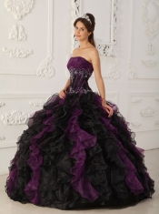 Purple and Black Ball Gown Strapless Floor-length Taffeta and Organza Beading Quinceanera Dress