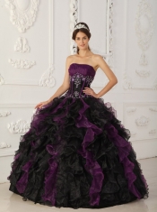 Purple and Black Ball Gown Strapless Floor-length Taffeta and Organza Beading Quinceanera Dress