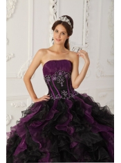 Purple and Black Ball Gown Strapless Floor-length Taffeta and Organza Beading Quinceanera Dress