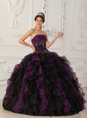 Purple and Black Ball Gown Strapless Floor-length Taffeta and Organza Beading Quinceanera Dress