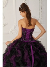 Purple and Black Ball Gown Strapless Floor-length Taffeta and Organza Beading Quinceanera Dress