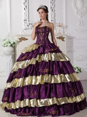 Purple and Gold Taffeta Embroidery Strapless Ball Gown Quinceanera Dress