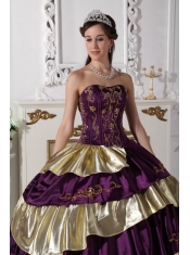 Purple and Gold Taffeta Embroidery Strapless Ball Gown Quinceanera Dress