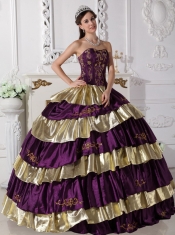 Purple and Gold Taffeta Embroidery Strapless Ball Gown Quinceanera Dress