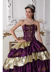 Purple and Gold Taffeta Embroidery Strapless Ball Gown Quinceanera Dress