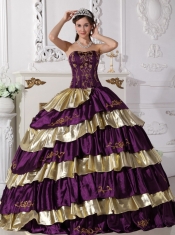 Purple and Gold Taffeta Embroidery Strapless Ball Gown Quinceanera Dress