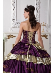 Purple and Gold Taffeta Embroidery Strapless Ball Gown Quinceanera Dress