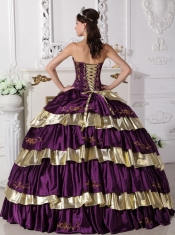 Purple and Gold Taffeta Embroidery Strapless Ball Gown Quinceanera Dress