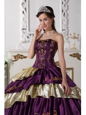 Purple and Gold Taffeta Embroidery Strapless Ball Gown Quinceanera Dress