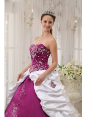 Purple and White Ball Gown Sweetheart Floor-length Satin and Taffeta Embroidery Quinceanera Dress
