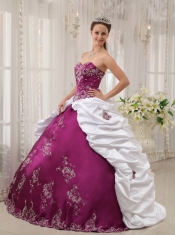 Purple and White Ball Gown Sweetheart Floor-length Satin and Taffeta Embroidery Quinceanera Dress