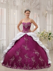 Purple and White Ball Gown Sweetheart Floor-length Satin and Taffeta Embroidery Quinceanera Dress