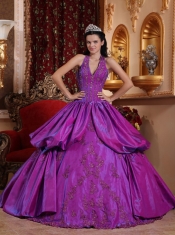 Purple Ball Gown Halter Floor-length Taffeta Appliques Quinceanera Dress