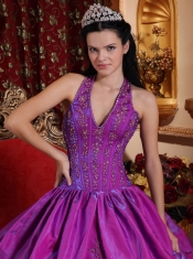 Purple Ball Gown Halter Floor-length Taffeta Appliques Quinceanera Dress