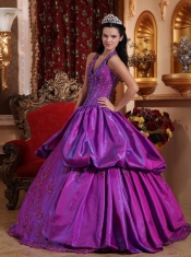 Purple Ball Gown Halter Floor-length Taffeta Appliques Quinceanera Dress