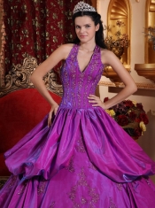 Purple Ball Gown Halter Floor-length Taffeta Appliques Quinceanera Dress