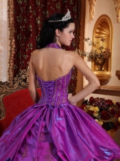 Purple Ball Gown Halter Floor-length Taffeta Appliques Quinceanera Dress