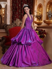 Purple Ball Gown Halter Floor-length Taffeta Appliques Quinceanera Dress