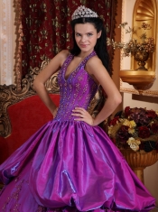 Purple Ball Gown Halter Floor-length Taffeta Appliques Quinceanera Dress