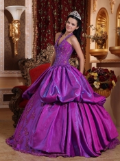 Purple Ball Gown Halter Floor-length Taffeta Appliques Quinceanera Dress