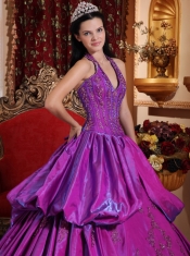 Purple Ball Gown Halter Floor-length Taffeta Appliques Quinceanera Dress