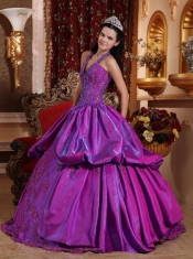 Purple Ball Gown Halter Floor-length Taffeta Appliques Quinceanera Dress