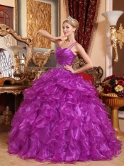 Purple Ball Gown One Shoulder Floor-length Organza Beading Quinceanera Dress