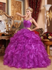 Purple Ball Gown One Shoulder Floor-length Organza Beading Quinceanera Dress