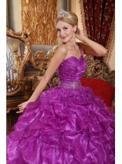 Purple Ball Gown One Shoulder Floor-length Organza Beading Quinceanera Dress