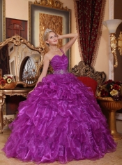 Purple Ball Gown One Shoulder Floor-length Organza Beading Quinceanera Dress