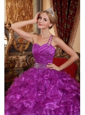 Purple Ball Gown One Shoulder Floor-length Organza Beading Quinceanera Dress