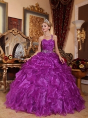 Purple Ball Gown One Shoulder Floor-length Organza Beading Quinceanera Dress