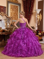 Purple Ball Gown One Shoulder Floor-length Organza Beading Quinceanera Dress