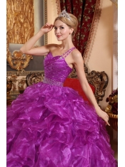 Purple Ball Gown One Shoulder Floor-length Organza Beading Quinceanera Dress