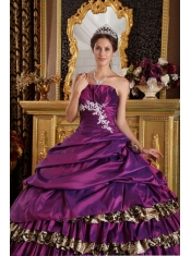 Purple Ball Gown One Shoulder Floor-length Taffeta and Leopard Appliques Sweet 16 Dress
