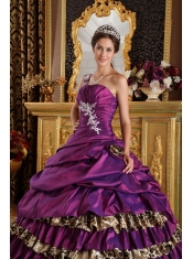 Purple Ball Gown One Shoulder Floor-length Taffeta and Leopard Appliques Sweet 16 Dress