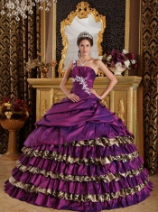 Purple Ball Gown One Shoulder Floor-length Taffeta and Leopard Appliques Sweet 16 Dress