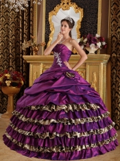 Purple Ball Gown One Shoulder Floor-length Taffeta and Leopard Appliques Sweet 16 Dress