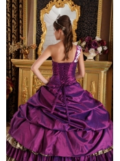 Purple Ball Gown One Shoulder Floor-length Taffeta and Leopard Appliques Sweet 16 Dress