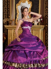 Purple Ball Gown One Shoulder Floor-length Taffeta and Leopard Appliques Sweet 16 Dress