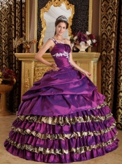 Purple Ball Gown One Shoulder Floor-length Taffeta and Leopard Appliques Sweet 16 Dress