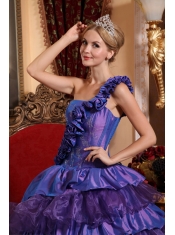 Purple Ball Gown One Shoulder Floor-length Taffeta and Organza Hand Made Flowers Quinceanera Dress