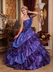 Purple Ball Gown One Shoulder Floor-length Taffeta and Organza Hand Made Flowers Quinceanera Dress