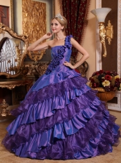 Purple Ball Gown One Shoulder Floor-length Taffeta and Organza Hand Made Flowers Quinceanera Dress