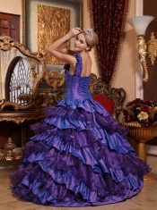 Purple Ball Gown One Shoulder Floor-length Taffeta and Organza Hand Made Flowers Quinceanera Dress